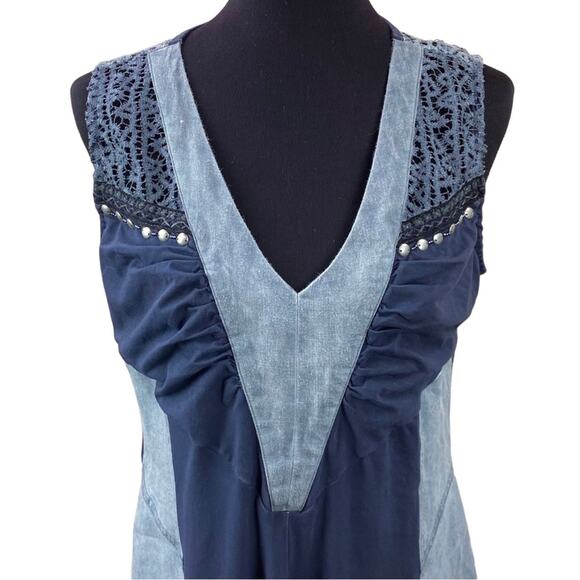 Angels Never Die Womens Boho Mixed Media Midi Dress Size M/L Linen Lace Jersey - Picture 2 of 8
